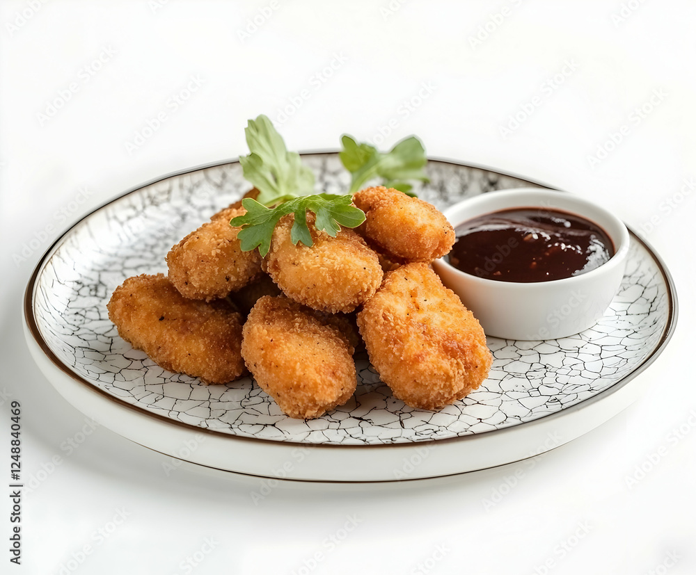 Golden Perfection, A Plate of Crispy Chicken Nuggets Paired with Rich Dipping Sauce for a Delicious and Irresistible Culinary Experience Golden Perfection, A Plate of Crispy Chicken Nuggets Paired with Rich Dipping Sauce for a Delicious and Irresistible Culinary Experience