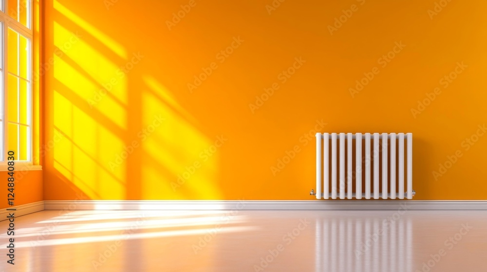 Obraz premium Bright Sunlit Room with Orange Walls and White Radiator. Generative AI