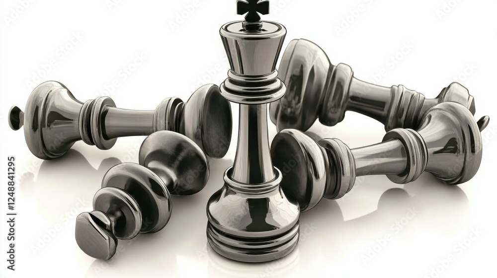 A metallic chess king standing tall while other pieces are fallen, symbolizing dominance in strategic planning A metallic chess king standing tall while other pieces are fallen, symbolizing dominance in strategic planning