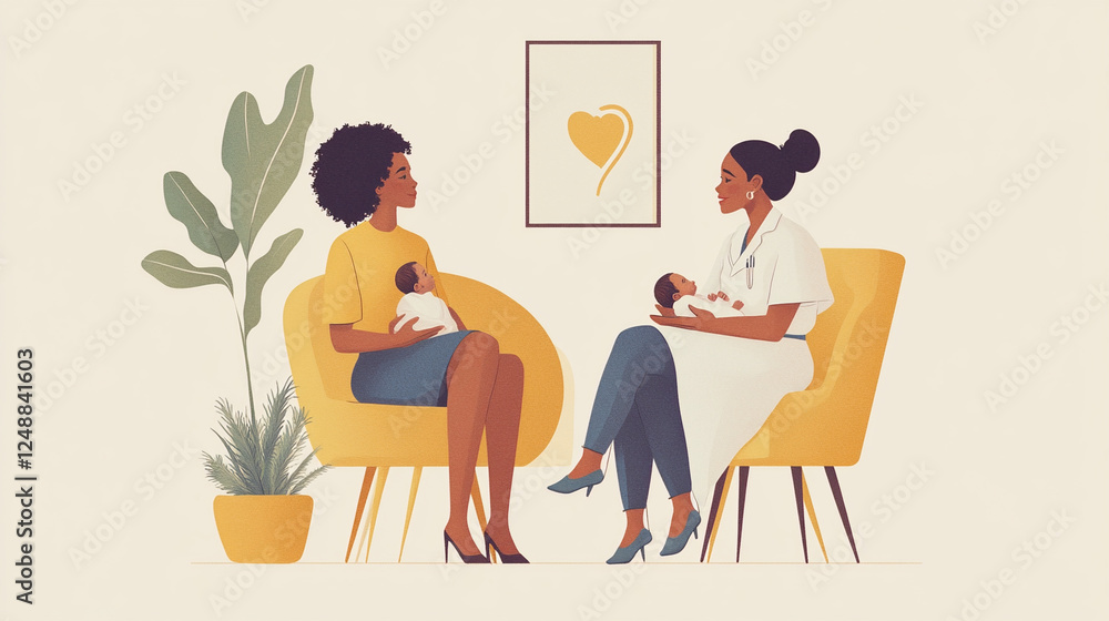 Fototapeta premium A digital illustration of two women having a conversation in a modern office setting. One woman is seated while the other stands, both are holding cups of coffee. They are engaged in discussion, likel