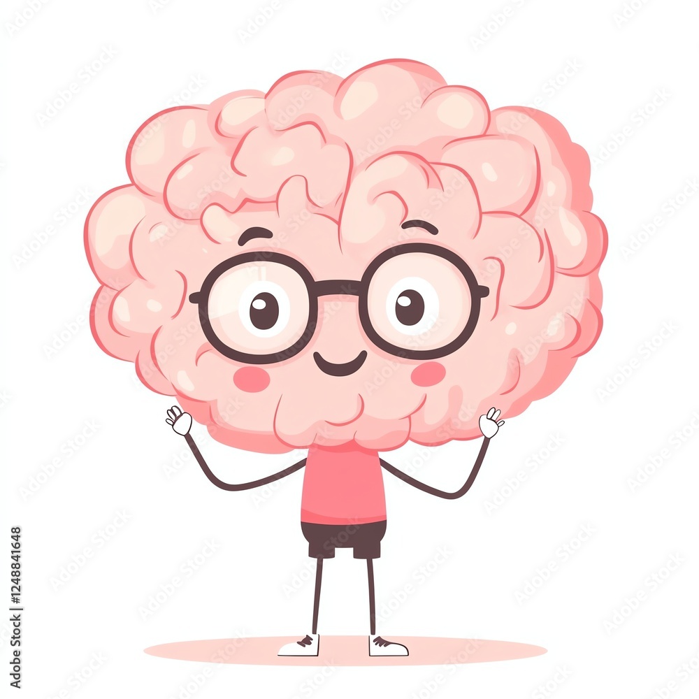 Fototapeta premium A cute cartoon brain character with glasses, smiling and posing, representing intelligence and creativity in a fun way.
