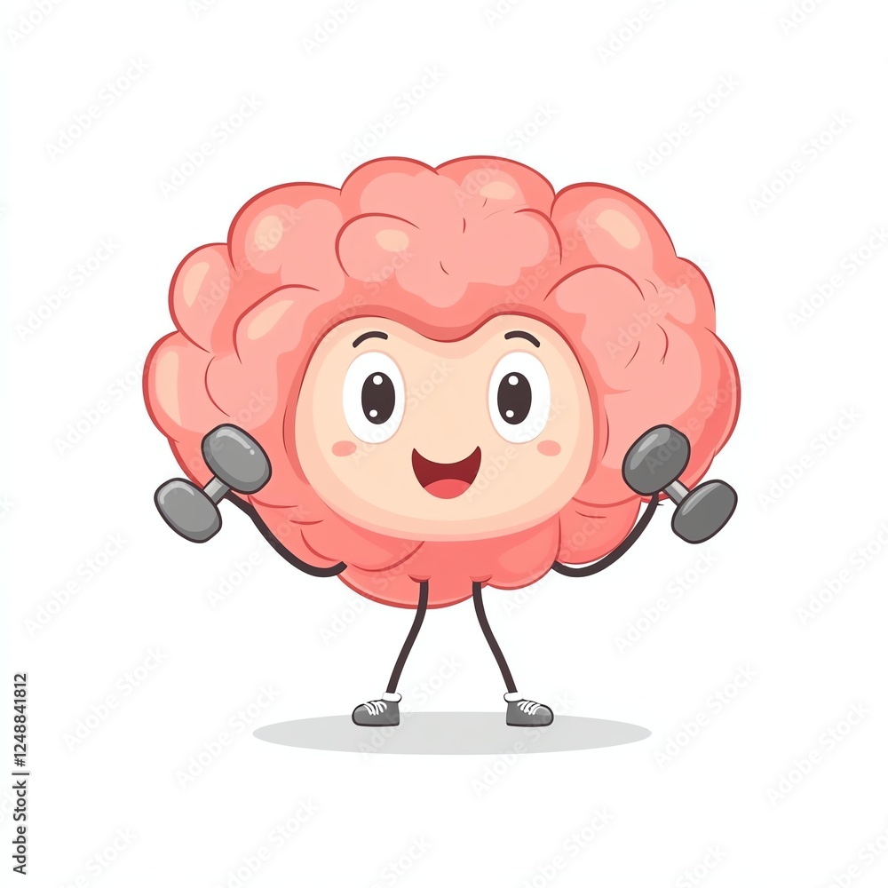 Obraz premium A cheerful cartoon brain character lifting dumbbells, promoting fitness and mental health in a playful, engaging style.