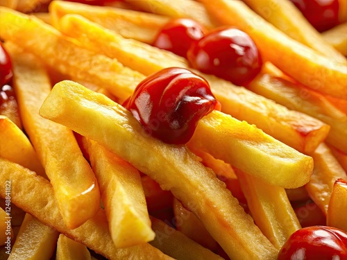 Golden, crispy potato fries, perfectly seasoned, served with tangy ketchup and zesty mustard. photo