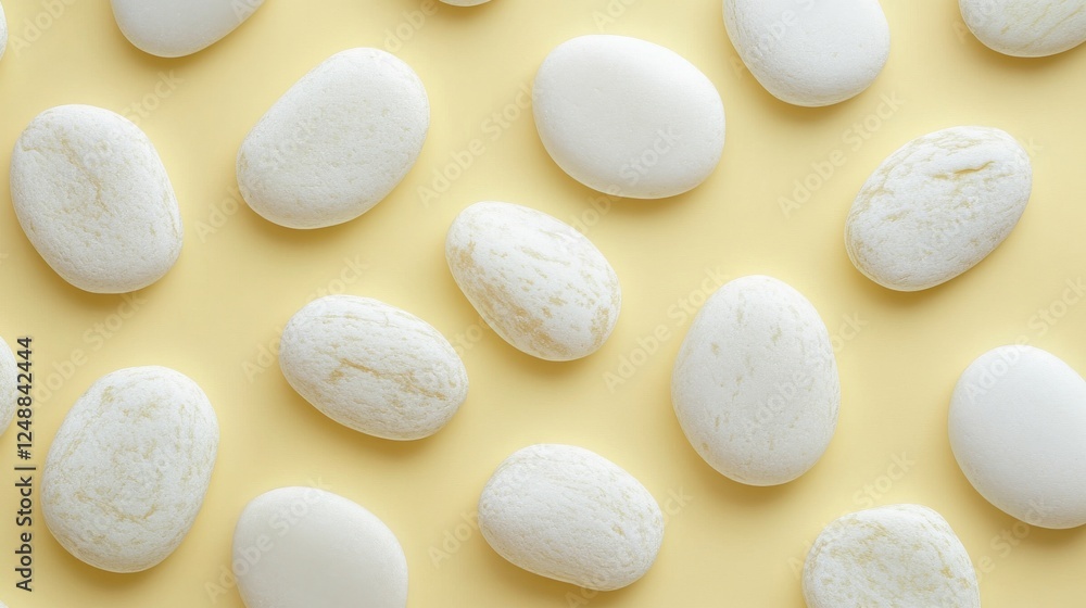 Smooth white stones arranged artfully on a pastel yellow background Smooth white stones arranged artfully on a pastel yellow background