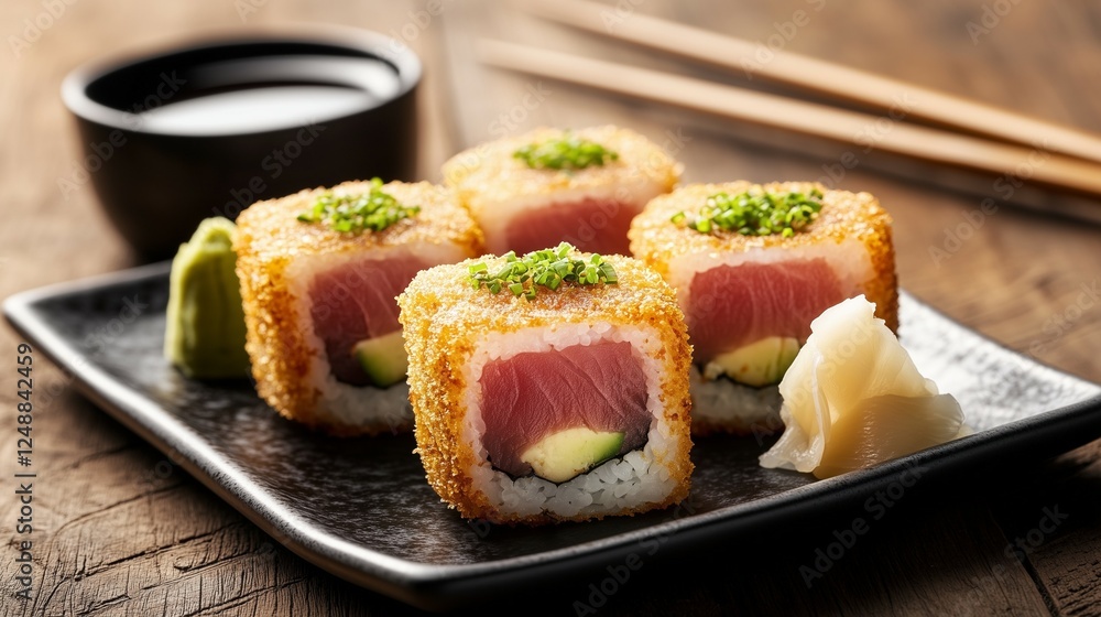 A plate of sushi rolls with meat and fish, a photograph for an advertising campaign, a food shot, looking delicious A plate of sushi rolls with meat and fish, a photograph for an advertising campaign, a food shot, looking delicious