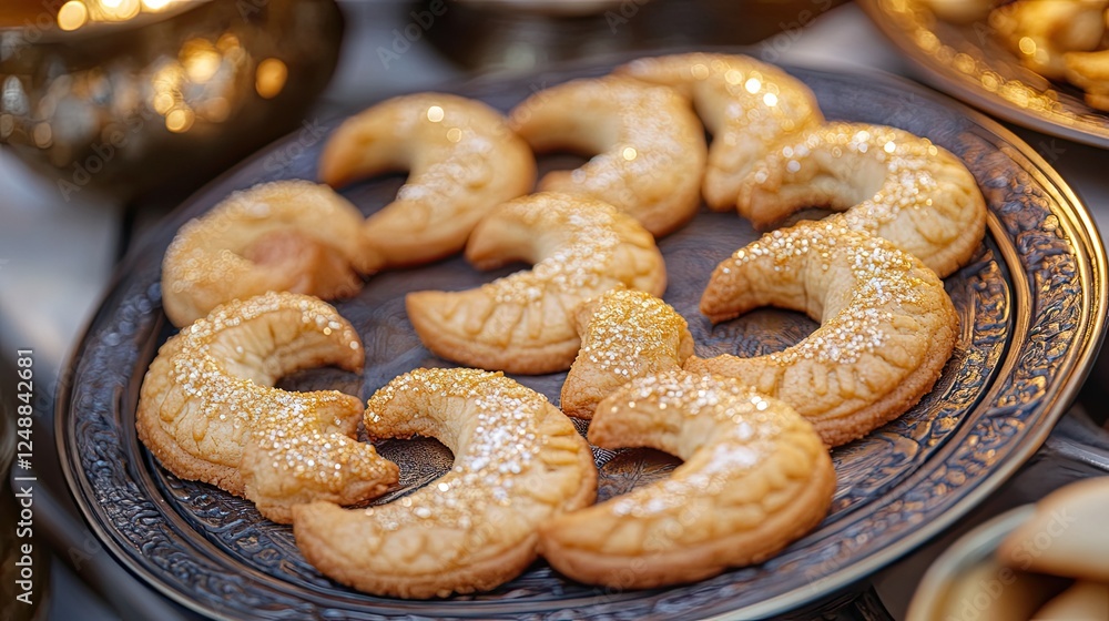 Crescent shaped cookies with sparkly sugar on a decorative metal plate Crescent shaped cookies with sparkly sugar on a decorative metal plate