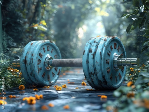 Surreal Dumbbell with Clock Elements in Dreamlike Style Dramatic Shadows and Soft Lighting photo