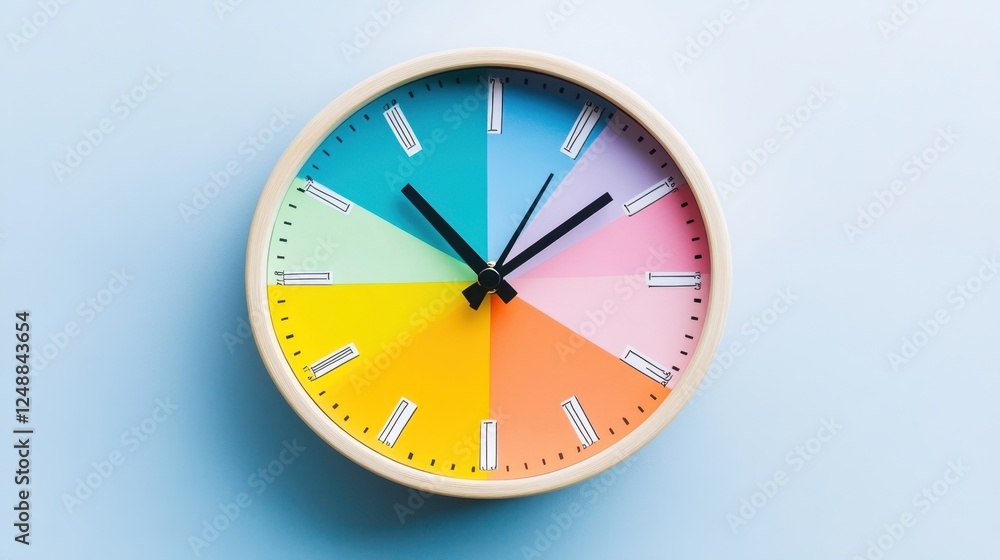 A time-tracking clock with different project phases labeled on the clock face. A time-tracking clock with different project phases labeled on the clock face.
