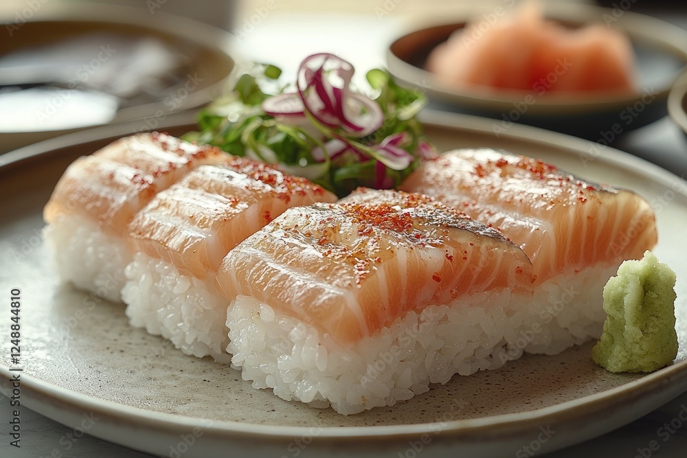 Delicious Salmon Sushi Pieces Garnished Beautifully Delicious Salmon Sushi Pieces Garnished Beautifully