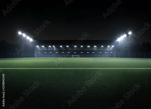 Illuminated football field at night, creating a vibrant and dynamic atmosphere for sports events or training under the floodlights photo