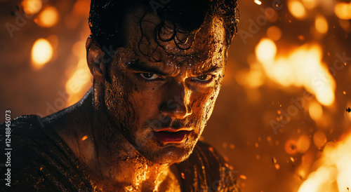 A character shows a fierce expression with dirt on his face, surrounded by flames, conveying a sense of urgency and struggle
