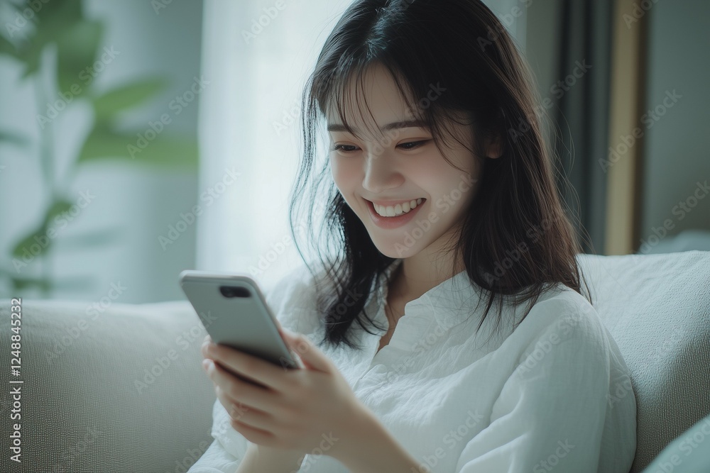 A close-up of an Asian woman's hand holding and looking at her phone, camera visible, smiling with white teeth in the living room A close-up of an Asian woman's hand holding and looking at her phone, camera visible, smiling with white teeth in the living room