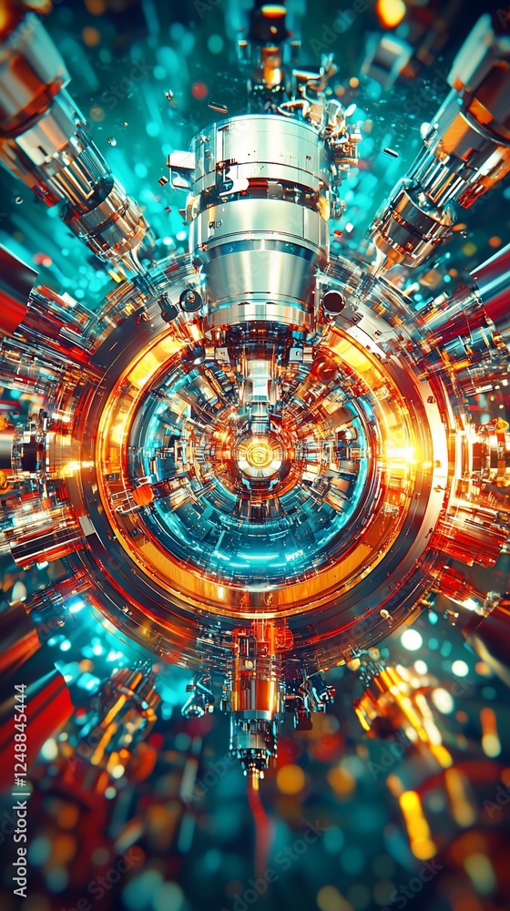 Obraz premium Abstract futuristic machine, complex gears, vibrant colors, dynamic composition