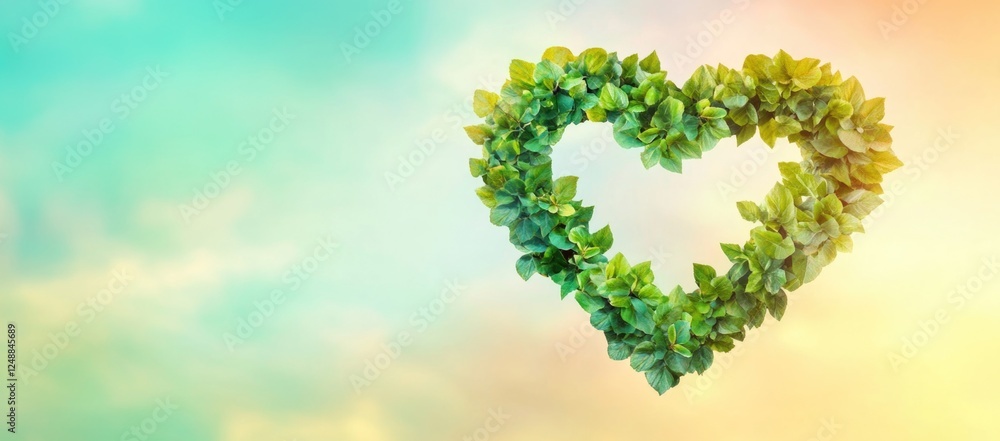Green leaves in a heart shape on a blurred sky background. Green leaves in a heart shape on a blurred sky background.