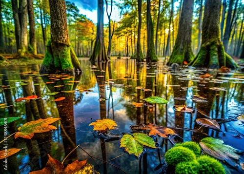 Intricate swamp details: flooded forests, waterlogged plants, close-up aquatic life. photo