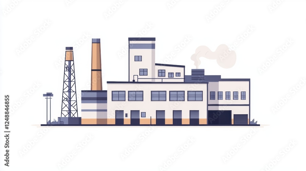 Modern Industrial Factory Building with Smoke and Towers Modern Industrial Factory Building with Smoke and Towers