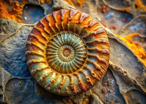 Jurassic or Cretaceous ammonite fossil; extinct cephalopod preserved in rock, a paleontological treasure. photo