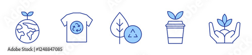 recycling, green earth, coffee cup, plant, clothes. Ecology Icon vector illustration. Line Duotone style. Editable stroke