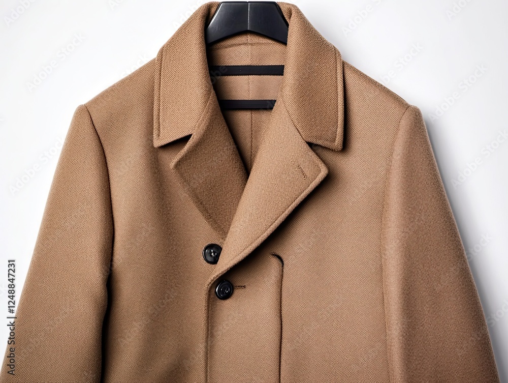 Elegant camel wool coat hanging on a black hanger against a white backdrop Elegant camel wool coat hanging on a black hanger against a white backdrop