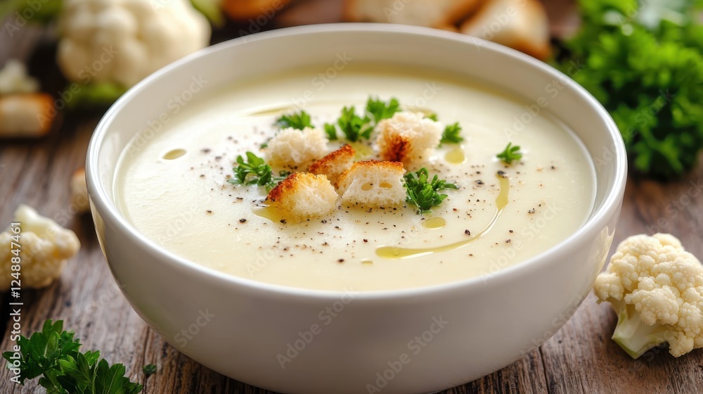 Cauliflower soup in white bowl with croutons and parsley on the wooden table Cauliflower soup in white bowl with croutons and parsley on the wooden table