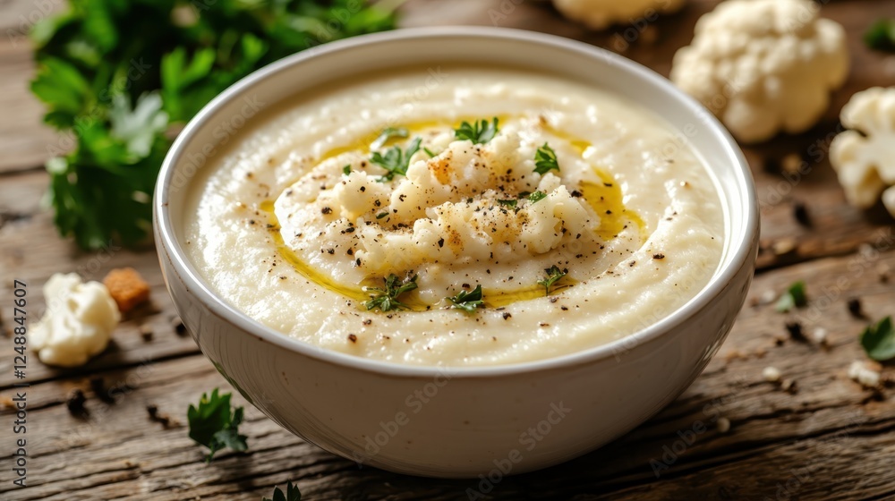 Cauliflower soup in white bowl on the wooden table Cauliflower soup in white bowl on the wooden table