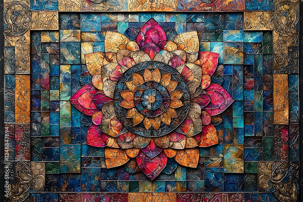 A complex, hand-drawn mandala blending Indian, Celtic, and Native American patterns, featuring intricate details and metallic or iridescent highlights for depth and mysticism A complex, hand-drawn mandala blending Indian, Celtic, and Native American patterns, featuring intricate details and metallic or iridescent highlights for depth and mysticism