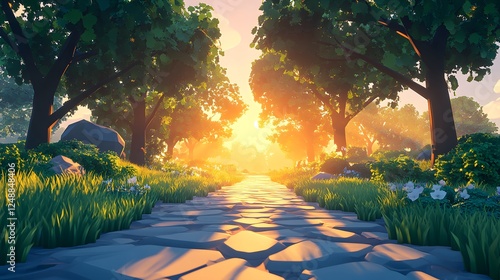 Whimsical style a playful low-poly forest scene at 9d740e8a-62dd-4ca9-881a-851a49bae687 1 with colorful trees and flowers