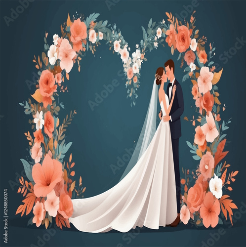 wedding newlyweds groom and bride hugging  vector illustration