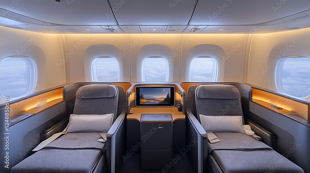 Fototapeta premium Luxurious airplane cabin with comfortable seats, individual screens, and stunning views through windows