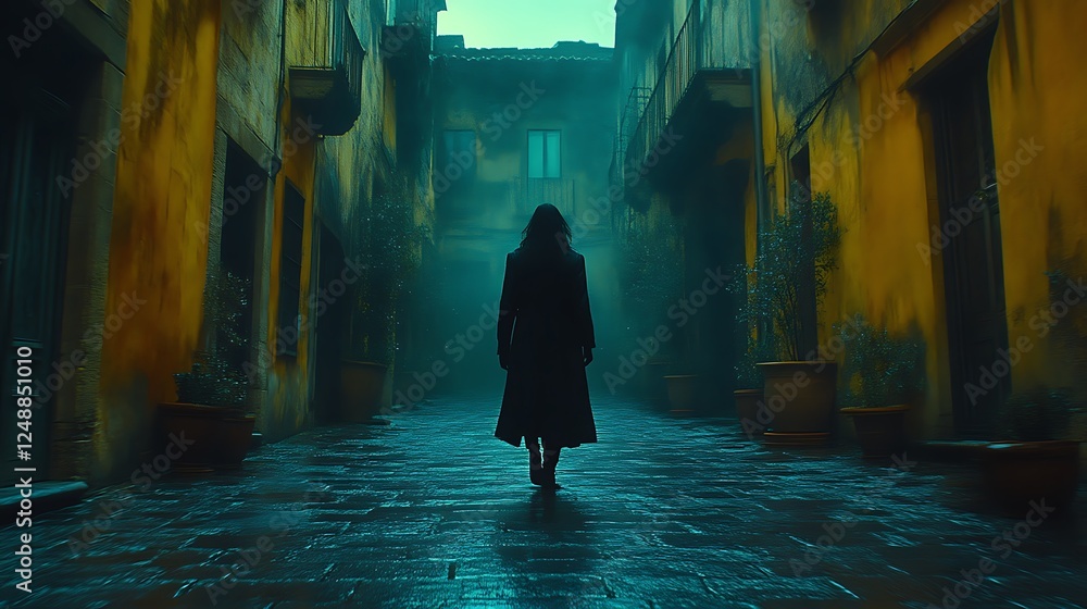 A solitary figure walks through a mysterious alleyway bathed in eerie green light A solitary figure walks through a mysterious alleyway bathed in eerie green light