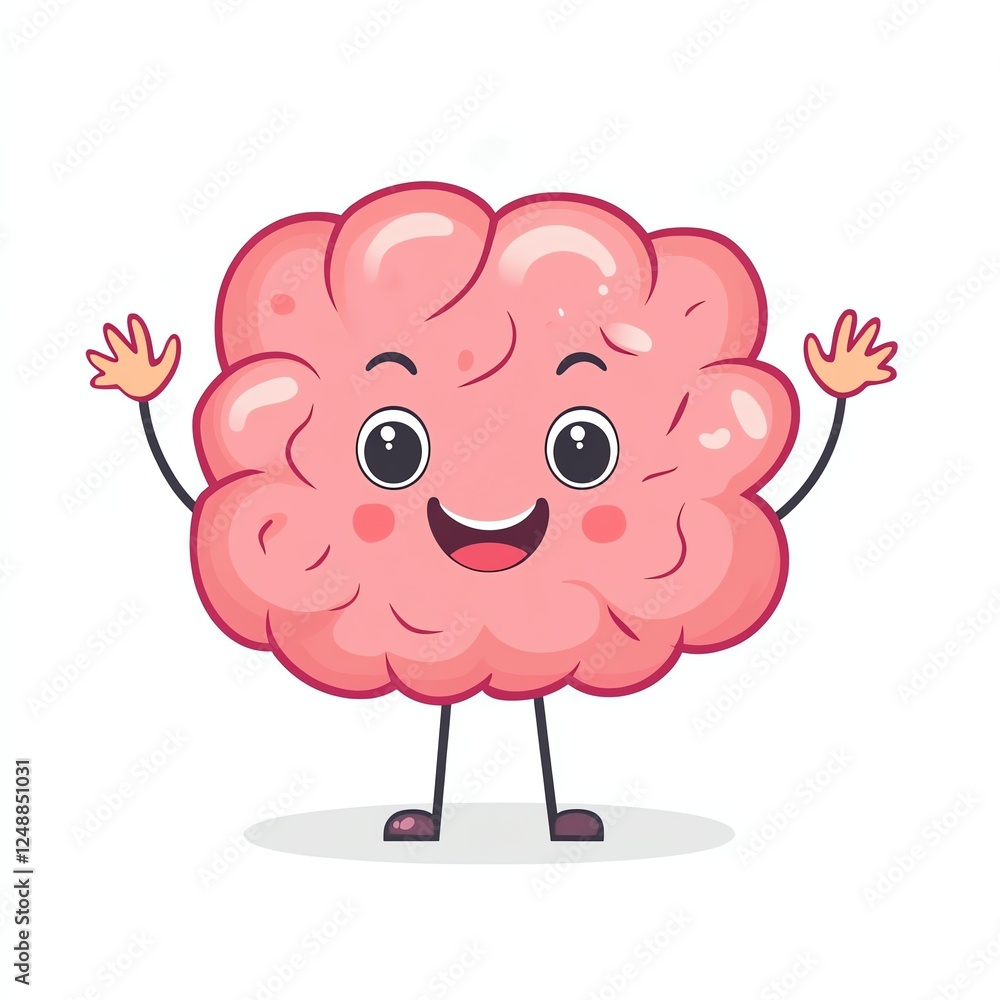 A cheerful, cartoonish brain character with arms and legs, smiling happily against a plain background. A cheerful, cartoonish brain character with arms and legs, smiling happily against a plain background.