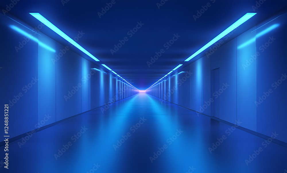 Ethereal corridor with glowing blue neon lights, showcasing futuristic architecture and creating a captivating sense of depth and perspective Ethereal corridor with glowing blue neon lights, showcasing futuristic architecture and creating a captivating sense of depth and perspective