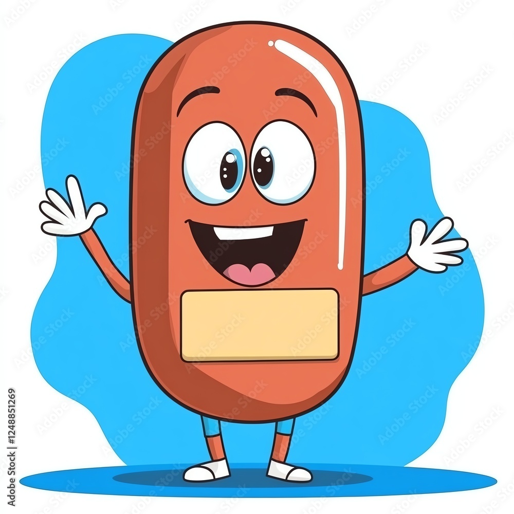 Obraz premium A cheerful cartoon character resembling a medicine pill, with large eyes and a friendly smile, set against a vibrant blue background.