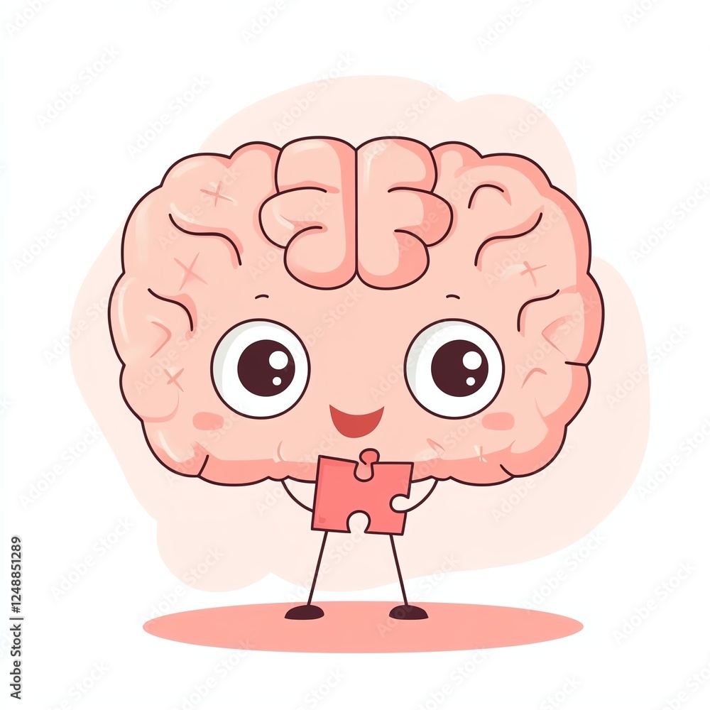 Fototapeta premium A cute cartoon brain character holding a puzzle piece, representing intelligence, creativity, and problem-solving.
