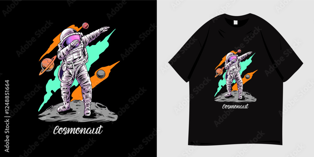 Astronaut on the moon graphic t-shirt design. Illustration of a spaceman posing. Symbol of astronaut, moon, space, explorer. Ready to print for t-shirts, apparel, tees, clothing and fashion. Astronaut on the moon graphic t-shirt design. Illustration of a spaceman posing. Symbol of astronaut, moon, space, explorer. Ready to print for t-shirts, apparel, tees, clothing and fashion.