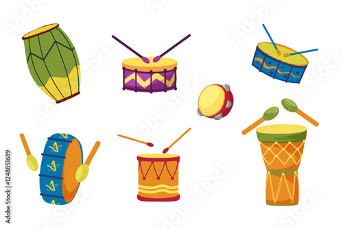 Vector set of drums for holidays, street parades and carnivals. Collection of percussion musical instruments. Cartoon children illustration