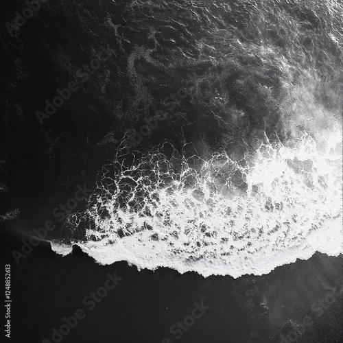 Black and white photograph of ocean waves. Aerial view, dark shore, crashing waves, deep black sea. Top view, abstract background.