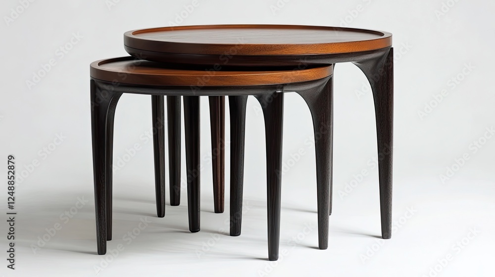 Fototapeta premium Elegant nesting tables showcasing dark wooden craftsmanship on white backdrop