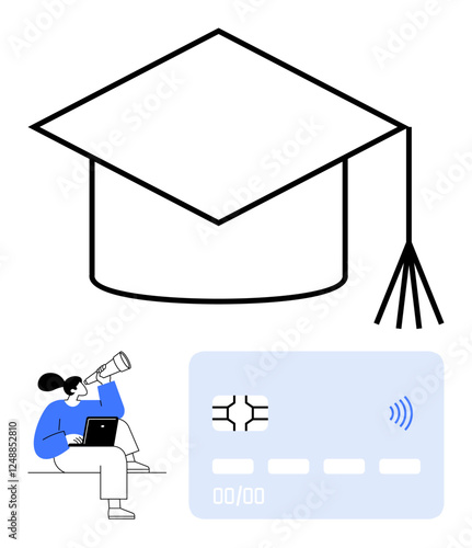 Large graduation cap, credit card with contactless icon, person using laptop and telescope. Ideal for financial aid, student loans, budgeting, scholarships, online education, career planning