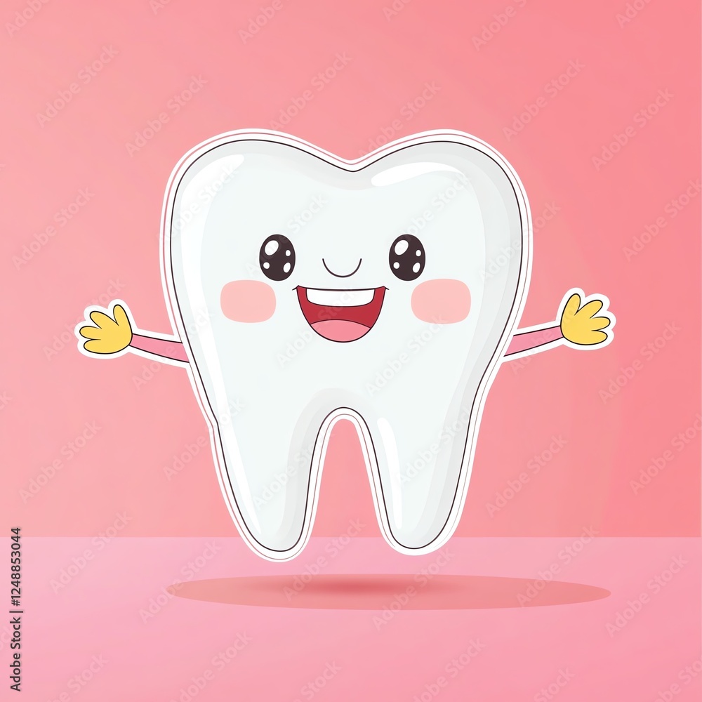 A cheerful cartoon tooth character with arms, smiling against a pink background, promoting dental health and hygiene. A cheerful cartoon tooth character with arms, smiling against a pink background, promoting dental health and hygiene.