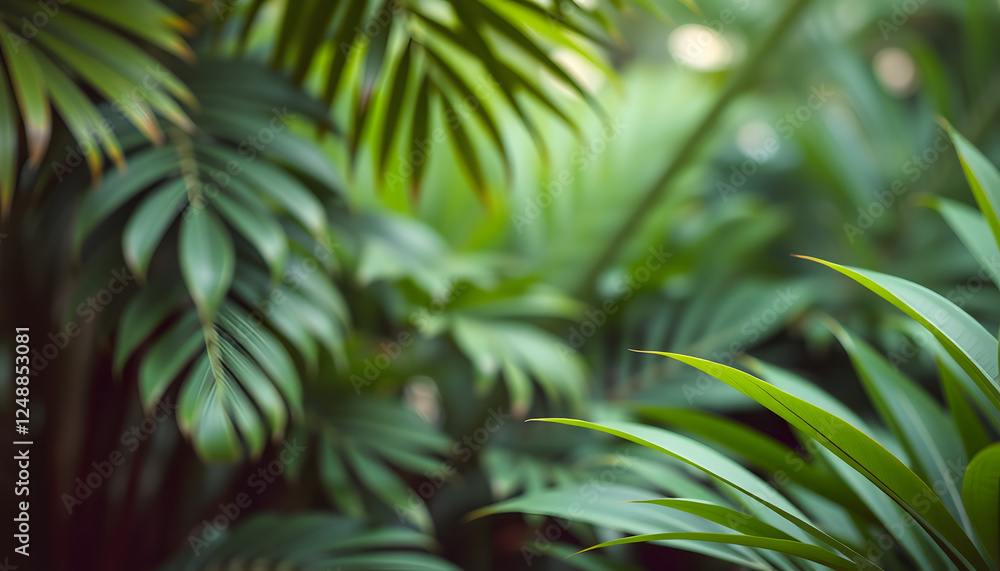 Obraz premium Green tropical leaves background advertising banner with copy space, blurry foreground. with white shades