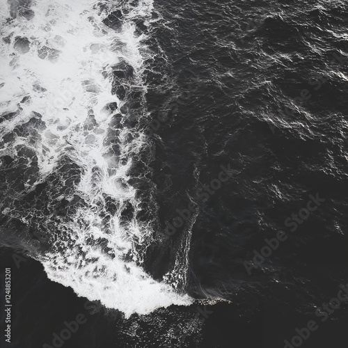 Black and white photograph of ocean waves. Aerial view, dark shore, crashing waves, deep black sea. Top view, abstract background.