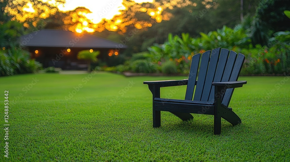 Serene Sunset: A Black Adirondack Chair on Lush Green Lawn Serene Sunset: A Black Adirondack Chair on Lush Green Lawn