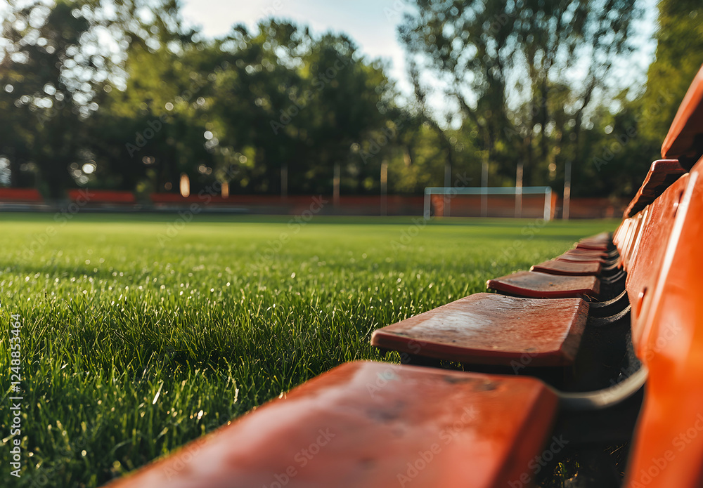 © Gustav - Empty Stadium Seats Overlooking a Lush Green Soccer Field Beckoning a Crowd, Ready for the Energetic Anticipation of an Upcoming Match