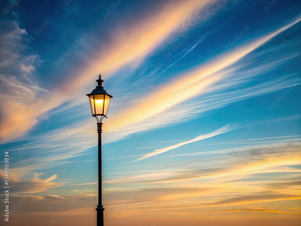 Serene cloudscape: minimalist lamppost silhouette, long exposure paints a peaceful night sky. Serene cloudscape: minimalist lamppost silhouette, long exposure paints a peaceful night sky.