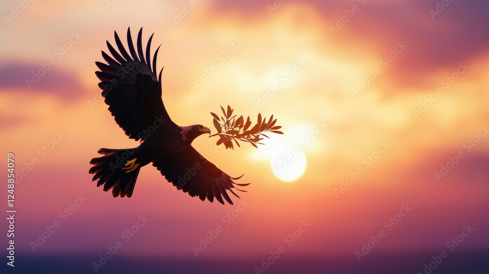 Fototapeta premium Bald eagle carrying an olive branch in its beak against a serene sky