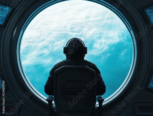 Solitude in Space:  A lone astronaut gazes out of a circular viewport, their silhouette stark against the vast expanse of the cosmos, conveying a sense of isolation, wonder. photo