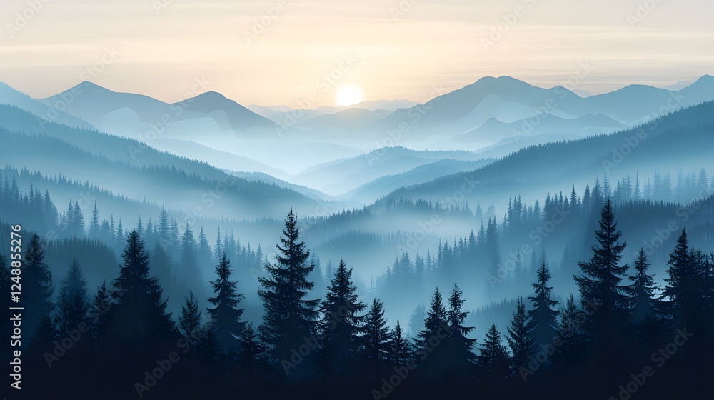 Vector-illustrated landscape in soft pastel tones showcasing serene mountains trees and a peaceful natural environment Vector-illustrated landscape in soft pastel tones showcasing serene mountains trees and a peaceful natural environment