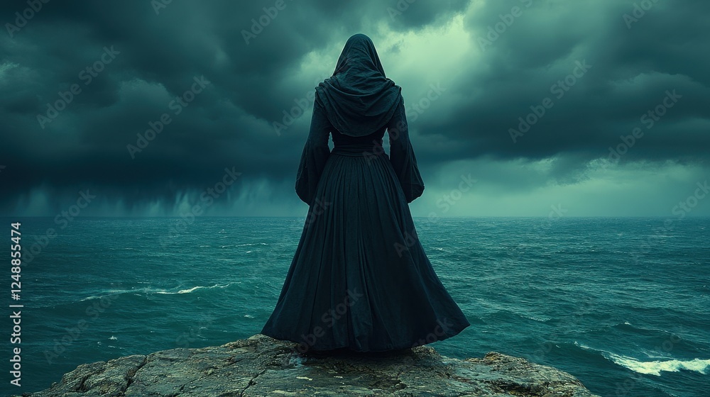 Woman in dark robe faces stormy sea Woman in dark robe faces stormy sea