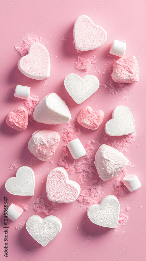 Fototapeta premium Valentine's Day background with pink and white hearts, marshmallows on the top of it